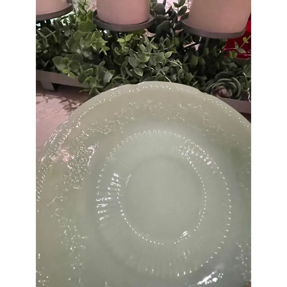 Vintage Green Jadeite Teacup 8oz & Saucer 6” ribbed w embossed floral pattern